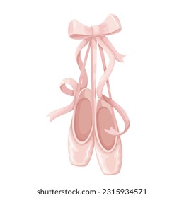 Ballet shoes hang on silk ribbon with bow vector illustration. Cartoon isolated pointes of ballerina hanging on wall, female pink ballet slippers for classic elegant dance, girly pastel accessory