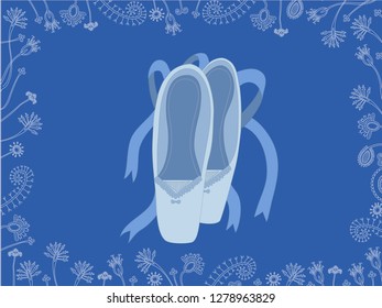 Ballet shoes on blue background with flowers.
