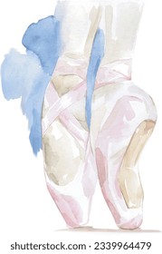 Ballet shoes on wooden floor watercolor illustration, vector template. Traditional pink pointe shoes. Female legs of dancer ballerina, tiptoe, Russian classic ballet.