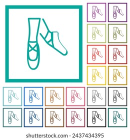 Ballet shoes outline flat color icons with quadrant frames on white background