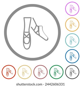 Ballet shoes outline flat color icons in round outlines on white background