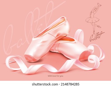 Ballet shoes pale pink pointe shoes with silk ribbons. Vector illustration of a pointe shoe with a graphic image of a ballerina. Delicately pink sweet poster for a dance class. Classic shoes.