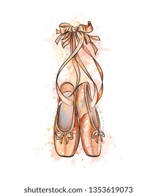 Ballet shoes, pointe shoes from a splash of watercolor, hand drawn sketch. Vector illustration of paints