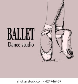 Ballet shoes poster, logo, emblem of the ballet school, studio, company. Vector illustration