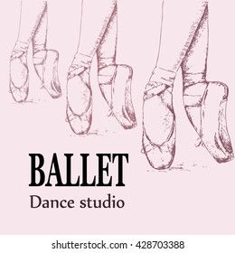 Ballet shoes poster, logo, emblem of the ballet school, studio, company. Vector illustration