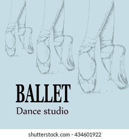 Ballet shoes poster, logo, emblem of the ballet school, studio, company. Vector illustration