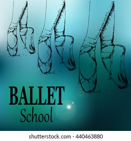 Ballet shoes poster, logo, emblem of the ballet school, studio, company. Vector illustration