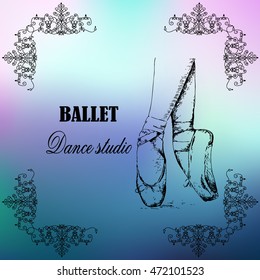 Ballet shoes poster, logo, emblem of the ballet school, studio, company. Vector illustration