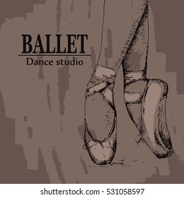 Ballet shoes poster, logo, emblem of the ballet school, studio, company. Vector illustration