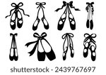 Ballet Shoes with Ribbon Laces Clipart Set Outline, Silhouette, isolated on white background