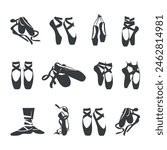 Ballet Shoes with Ribbon Laces Clipart Set Silhouette isolated on a white background.
