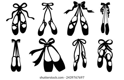 Ballet Shoes with Ribbon Laces Clipart Set Outline, Silhouette, isolated on white background