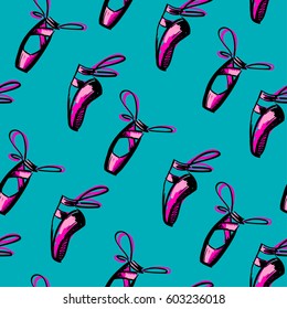 Ballet shoes seamless pattern. Dance elements repeated backdrop. Girlish wallpaper on blue background with Pointe