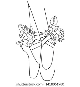 Ballet shoes silhouette with flowers peony. Design art for postcard