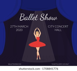 Ballet Show Banner Template, Ballerina Dancer in Red Dress Performing on Stage, Poster, Invitation Card Vector Illustration