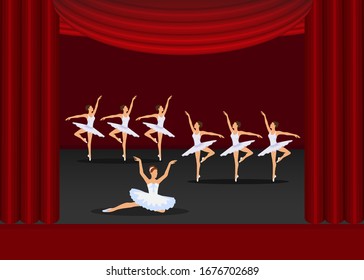 Ballet muestra a chicas artistas en las cortinas rojas ilustración vectorial. Grupo de bailarinas en concierto de bailarinas en trajes. Espectáculo de espectáculos de teatro de ballet.