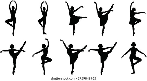 Ballet silhouette, dance poses, classical movement, pirouette illustration, arabesque vector, elegant dancer, leg extension, ballet art, graceful design, performance