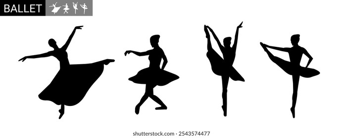 Silhueta de balé isolada sobre fundo branco. Bailarina feminina em competição esportiva. Ilustração vetorial.