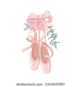 Ballet slippers with flowers vector illustration. Cartoon isolated classic ballerina shoes hanging with silk ribbon and bow and pretty floral decoration, pink pointes of dancer for ballet performance