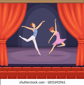 Escenario de ballet. Bailarín bailando macho y hembra en el vector del escenario hermoso fondo con cortinas rojas en el teatro