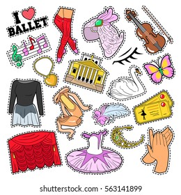 Ballet Stickers, Badges, Patches Set With Theater Elements. Vector Doodle