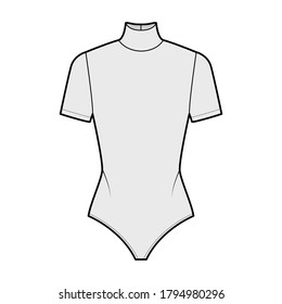 Ilustración técnica de moda con mangas cortas de ballet stretch-jersey turtleneck bodysuit. Ropa plana de una sola pieza de ropa de ropa de la parte delantera, color gris. Mujeres hombres unisex top CAD mockup. 