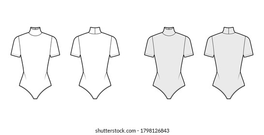 Ballet stretch-jersey turtleneck bodysuit technical fashion illustration with short sleeves. Flat outwear one-piece shirt apparel template front, back, white, grey color. Women men unisex top mockup. 