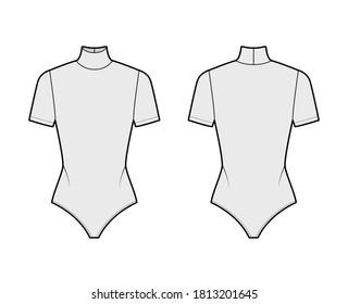 Ballet stretch-jersey turtleneck bodysuit technical fashion illustration with short sleeves. Flat outwear one-piece shirt apparel template front, back, grey color. Women men unisex top CAD mockup. 