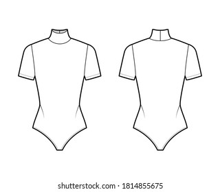 Ballet stretch-jersey turtleneck bodysuit technical fashion illustration with short sleeves. Flat outwear one-piece shirt apparel template front, back, white color. Women men unisex top CAD mockup. 