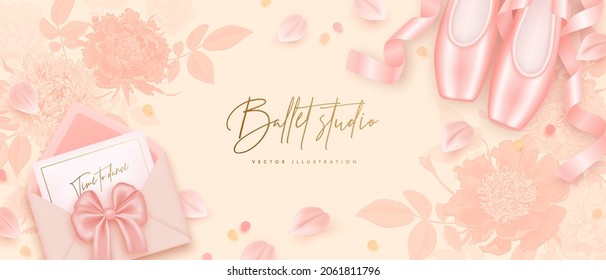 Ballet studio banner with realistic ballet pointe shoes fashion pair and envelope on a beige floral background. Vector illustration of traditional footwear ballerina