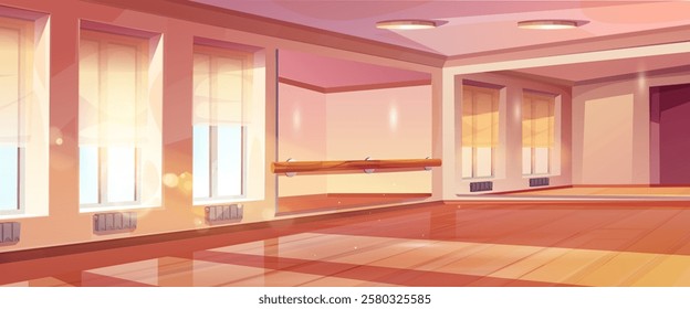 Ballet studio interior with wooden barre, mirrored walls, polished floor and large windows. Dance training room illuminated by sun light through translucent curtains for sport workout and activity.