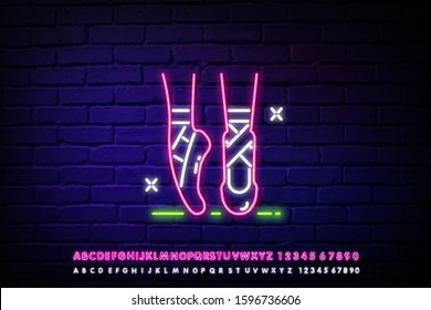 Ballet studio neon sign, woman legs wearing pointe ballet shoes. Dance studio or performance design. Night bright neon sign, colorful billboard, light banner. Vector illustration in neon style.