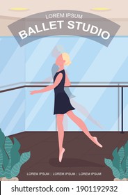 Ballet studio poster flat vector template. Improving your movements through trainings. Brochure, booklet one page concept design with cartoon characters. Beautiful perfomance flyer, leaflet