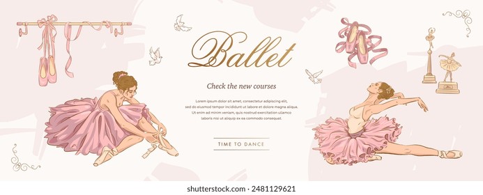 Ballettstudio oder Schulplakat, Flyer, Web-Banner, Billboard-Design-Vorlage mit handgezeichneter Ballerina und Pointe-Schuhen auf weißem Hintergrund. Vektorillustration