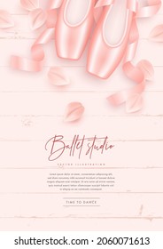 Ballet studio vertical banner with realistic detailed ballet pointe shoes fashion pair on a pink wooden background. Vector illustration of traditional footwear ballerina