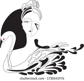 Ballet swan lady vector drawing in black and white