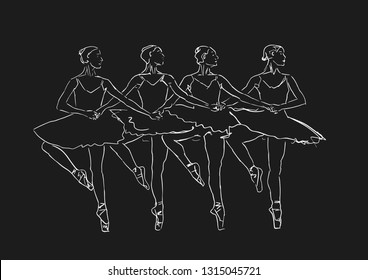 Ballet Swan Lake. Dance of little swans. Four dancing ballerinas. Academic choreography. Classic costume: tutu and pointe shoes. White silhouette on black background. Vector