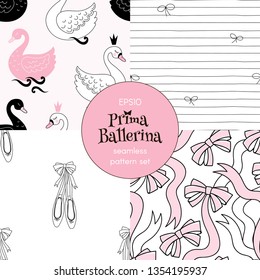 Ballet Swans Ribbon Bows Pointe Shoes Doodle Stripes pattern collection. Ballet themed seamless backgrounds set. Perfect for girlish design, scrapbook paper, childish fashion fabric textile print.