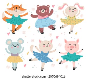 Ballet sweet fox bear rabbit mouse cat pig animals isolated set. Vector flat cartoon graphic design illustration