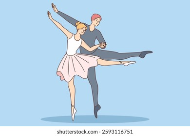 Ballet theater dancers dance on stage raising legs and demonstrating excellent stretching and grace. Positive man and woman from ballet theater train before performance to improve skills