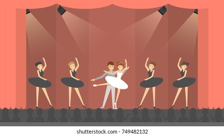 Ballet in theater. Dancers on scene with audience.