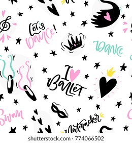 Ballet theme seamless pattern with hand drawn ballerina items and equipment. Modern minimalist style. Great for textile, wrapping paper, background. 