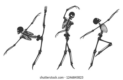 Ballet. Three dancing black silhouettes of skeletons, isolated on a white background. Vector illustration