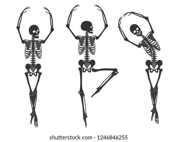 Ballet. Three dancing black silhouettes of skeletons, isolated on a white background. Vector illustration