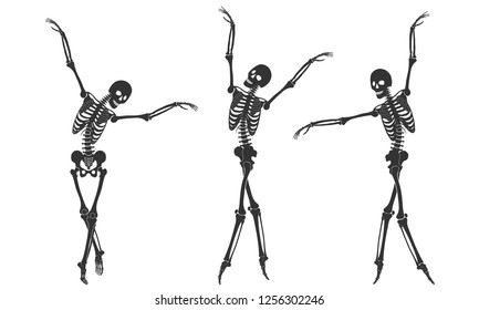Ballet. Three dancing black silhouettes of skeletons, isolated on a white background. Vector illustration