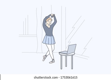 Ballet, training, dance concept. Young girl kid teen ballerina dancer cartoon character practicing classic choreography during online class at home. Social distance on quarantine and online education.