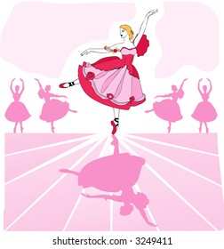 Ballet vector dancer in pink romantic tutu on stage with a line of dancers in background