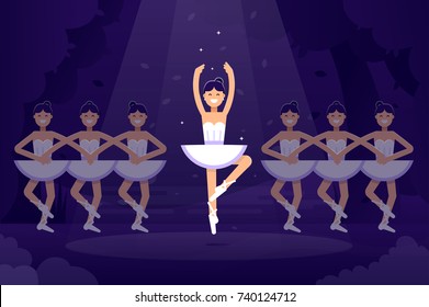 Ballet Vector Flat Illustration, Ballerinas In Dancing On The Stage With Light On The Dark Background. Ballet Prima Ballerina Performance. Ballet Flat Design Banner Stock Illustration 