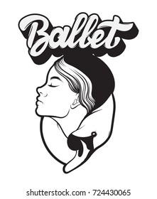 Ballet. Vector handwritten lettering. Hand drawn portrait of ballerina with swan.  Template for card, poster, banner, print for t-shirt, label.