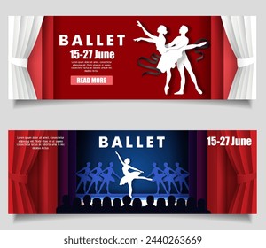 Ballet website header banners template set with dancers silhouette and advertisement information. Ballerinas performance and couple dancing on stage vector illustration